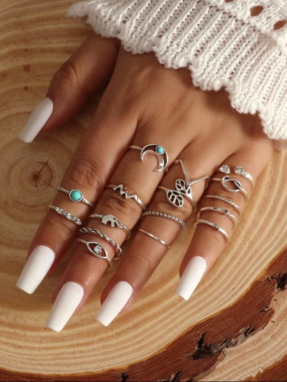 MOON, EYE AND MORE DECORATIVE RINGS- 16 PCS (SILVER)